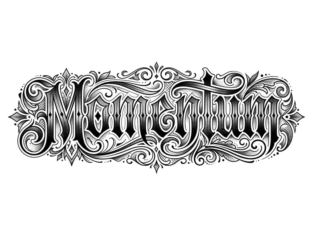 Стиль Dark lettering, слово momentum, много деталей и закраса