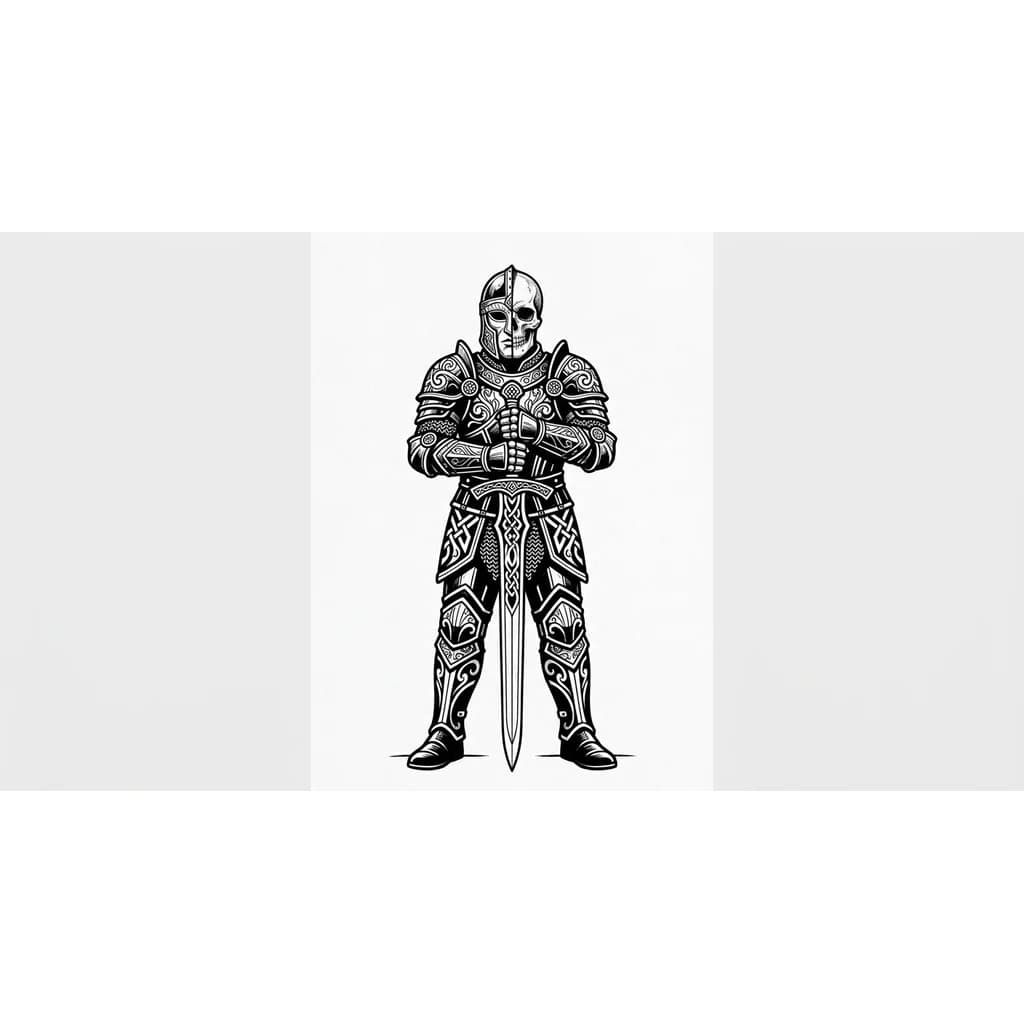Сгенерируй эскиз воин в полный рост, в доспехах , на пол головы шлем с правой стороны  , на пол череп , меч держит перед грудью двумя руками 