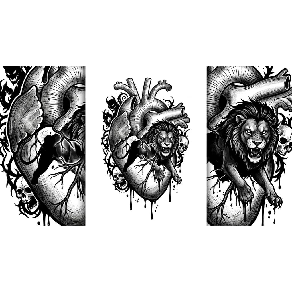 anatomical heart and lion. The heart is depicted translucent, in the style of a medical illustration (front view, internal structures are visible). The silhouette of a lion appears through its walls, bursting out. The lion is in motion, the head is turned towards the viewer, the gaze is direct.
Art style: neo‑traditional. Rich black fills, clear contours, stylization elements. Colors: Black