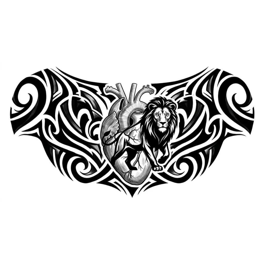 anatomical heart and lion. The heart is depicted translucent, in the style of a medical illustration (front view, internal structures are visible). The silhouette of a lion appears through its walls, bursting out. The lion is in motion, the head is turned towards the viewer, the gaze is direct.
Art style: neo‑traditional. Rich black fills, clear contours, stylization elements. Colors: Black