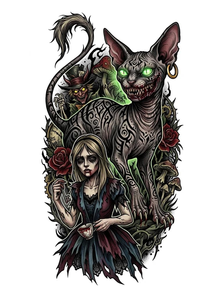 Алиса в стране кошмаров, с чеширским кот отдалённо напоминает кошку-сфинкса с тонким мехом и тонкой формой тела. У него  пугающе жуткая человекоподобная улыбка, на зубах которой иногда видны брызги крови, длинная шея, острые когти большие заострённые уши и длинный хвост с пучком шерсти на конце. Носит золотую серьгу-обруч в правом ухе, а его кожа покрыта чёрными отметинами, похожими на племенные татуировки. Глаза зелёные и светятся ярким, озаряющим светом сзади, желательно на шее, нож, кровь