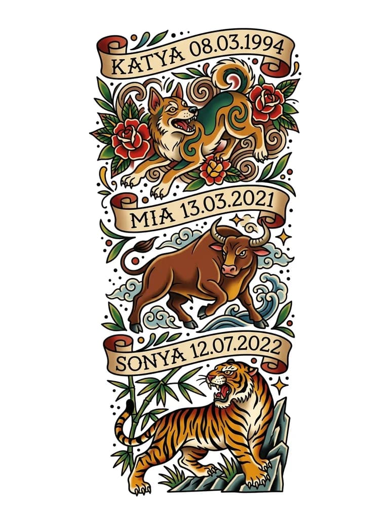 Тату Тигр на спине — эскиз Традиционный