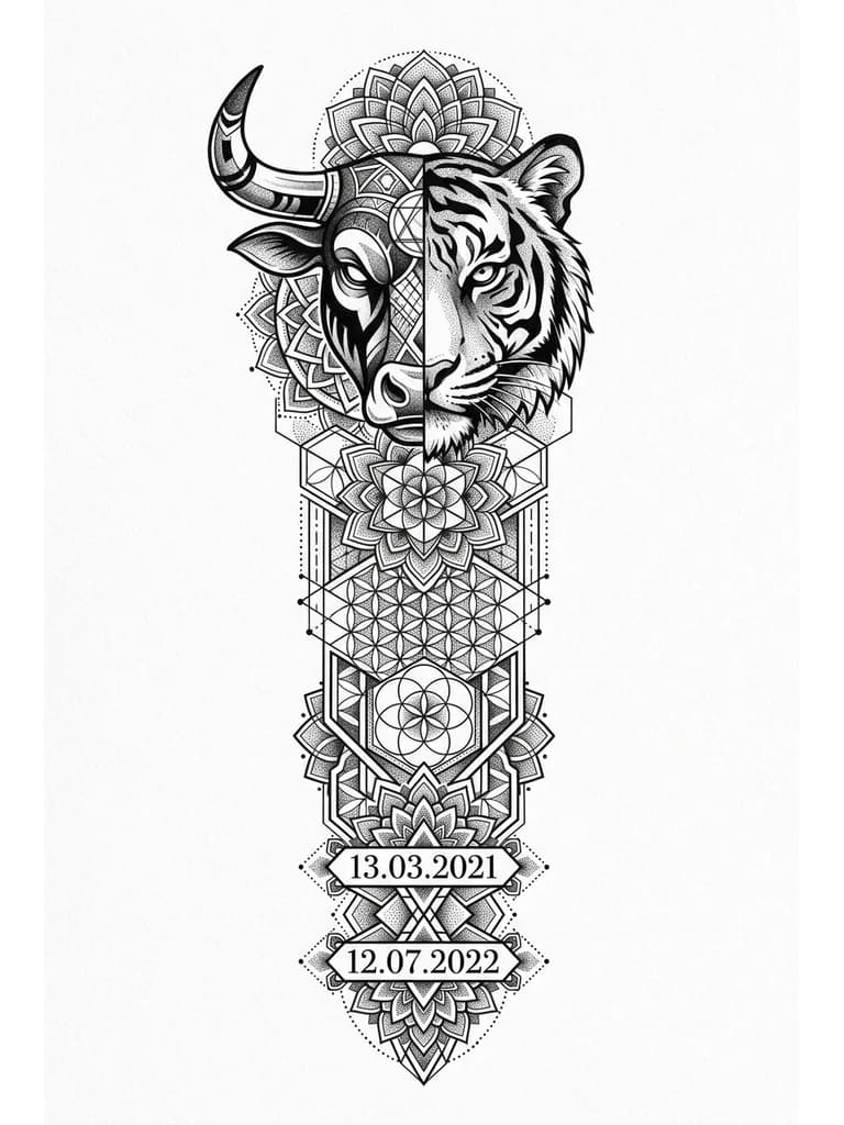 Рукав от плеча  до кисти 
Лицо животного на половину бык на половину тигр 
Внизу дата рождения дочек 
13.03.2021
12.07.2022