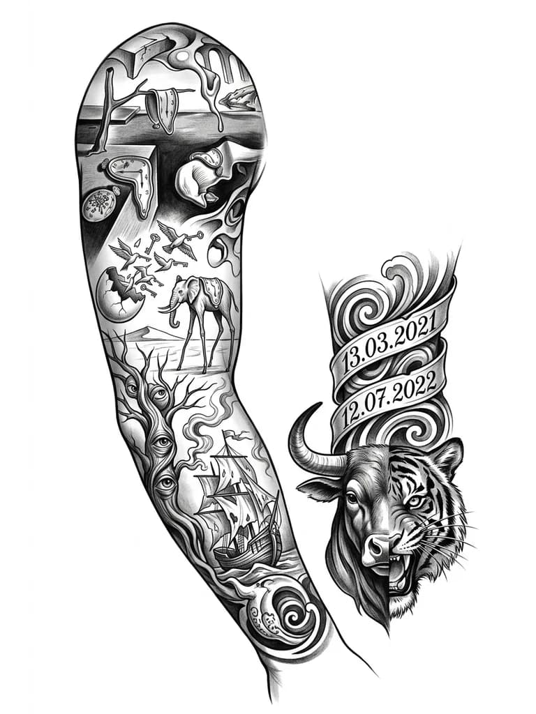 Рукав от плеча до кисти Лицо животного на половину бык на половину тигр на запястье дата рождения дочек 13.03.2021 и 12.07.2022