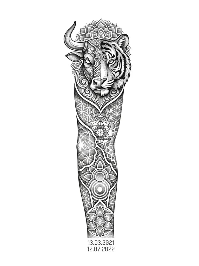 Тату от плеча до запястья 
На плече лицо животного на половину бык на половину тигр внизу на запястье мелкие даты рождения 13.03.2021 и 12.07.2022