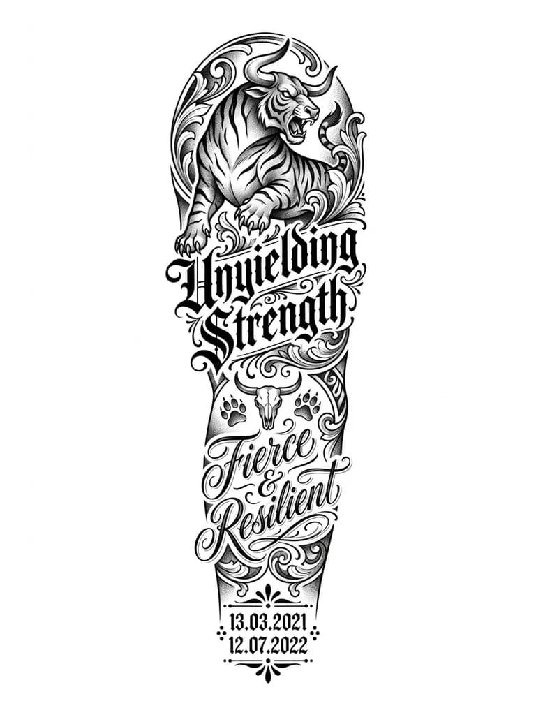 Тату от плеча до запястья 
На плече животное на половину бык на половину тигр внизу на запястье мелкие даты рождения 13.03.2021 и 12.07.2022