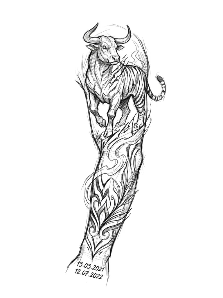 Тату от плеча до запястья 
На плече животное на половину бык на половину тигр внизу на запястье мелкие даты рождения 13.03.2021 и 12.07.2022