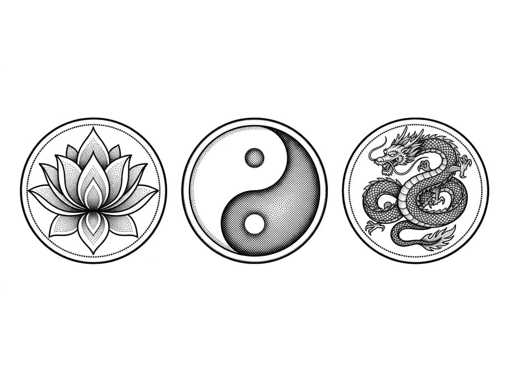 Создай эскиз татуировки, которая состоит из трех кругов, расположенных горизонтально. В одном круге расположен лотос. Во втором инь-ян. А в третьем восточный дракон. Круги диаметром до 2 сантиметр. Оформить в стилистике лотоса во вложении