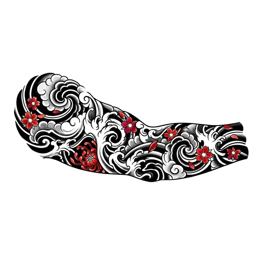 Сделай эскиз японской татуировки, в черно белом стиле с небольшими выражением красных цветов, без драконов рыб и демонов, обычная абстракция 