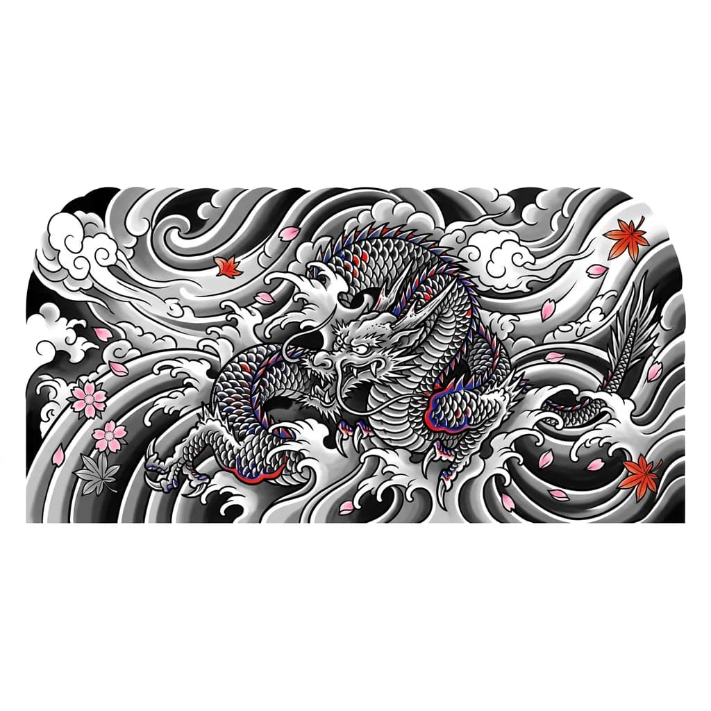 Сделай эскиз японской татуировки, в черно белом стиле с небольшими выражениями ерасных цветов