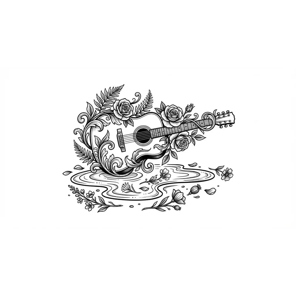 Гитара стоит в луже и рядом разбросаны цветы 