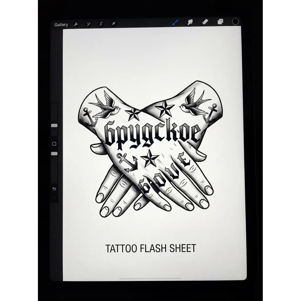 Тату эскиз: A detailed tattoo design sheet, traditional old school style. Human hands in a relaxed pose. Tattoo lettering "брудское" in bold Cyrillic gothic font across the fingers and upper hands. Sketch lines, ink wash background, white paper texture, clean linework, professional tattoo flash art. --ar 3:4