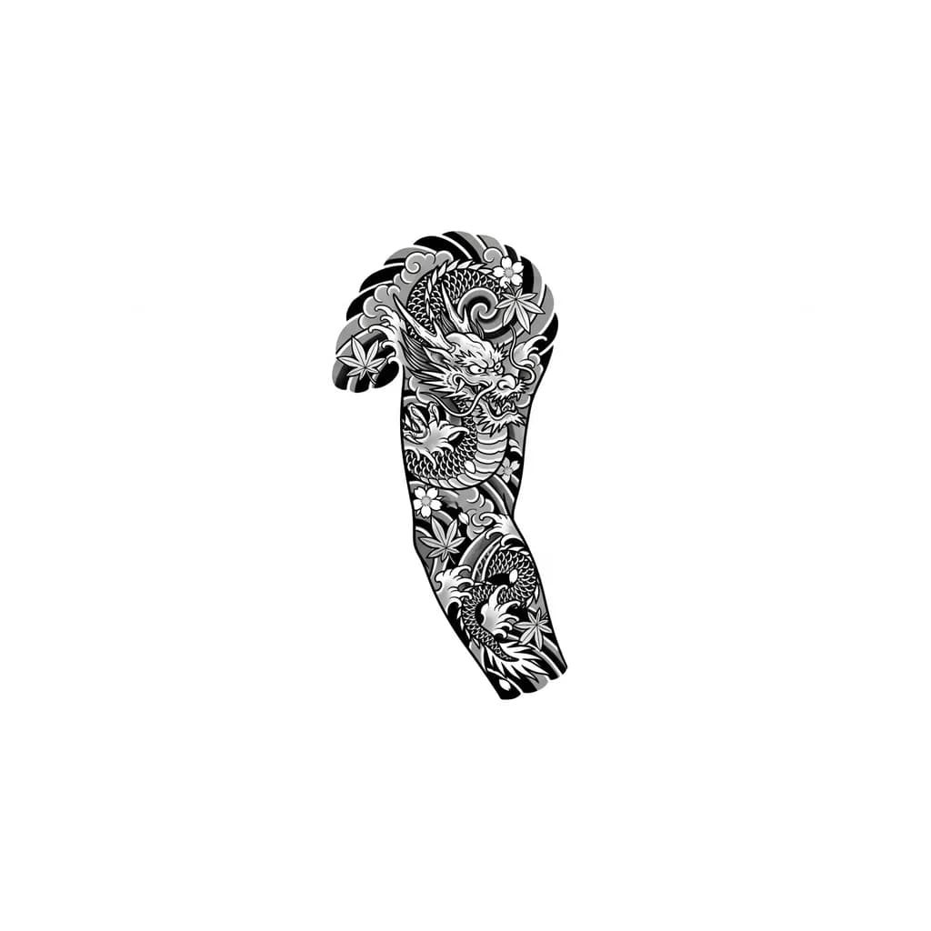 Дракон, волны, листья