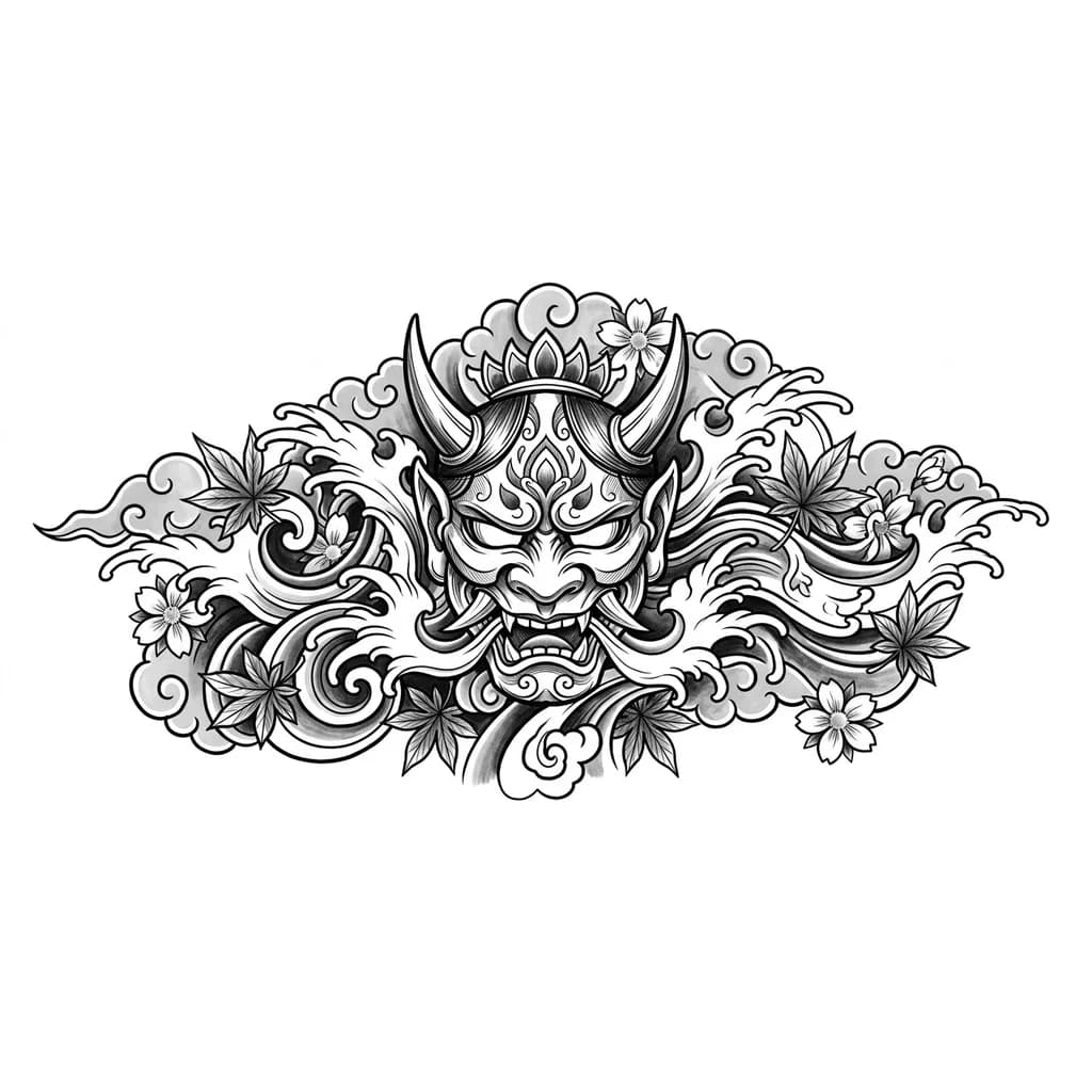 Много волн и листьев и японская маска демона