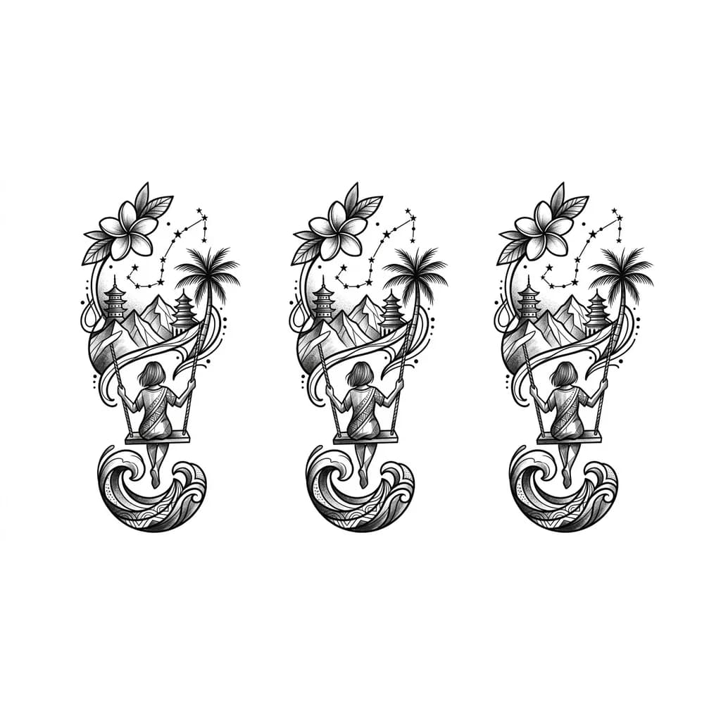 стиль геометрия-графика, внизу закручивающаяся волна, над волной девочка, качающаяся стоя на качелях  - вид со спины, над девочкой горы, пагода, пальма, солнце, цветок франджипани и созвездие скорпиона.