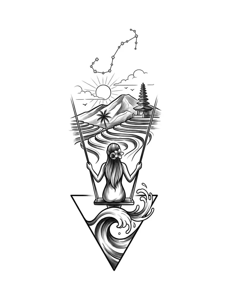 Стиль геометрия-графика, внизу закручивающаяся волна помещенная в треугольник и выходящая за его границы сверху. Над волной девочка стоящая в полный рост на качелях - вид со спины. Прическа у девочки - сзади длинные волосы собраны в пучок. Цветок франжипани в волосах у девочки. Над девочкой многоярусные террасы с рисовыми полями, одна пальма, горы, одна балийская  пагода, солнце с тонкими лучами, контуры облаков, две маленькие птицы и  созвездие скорпиона из маленьких геометрических фигур