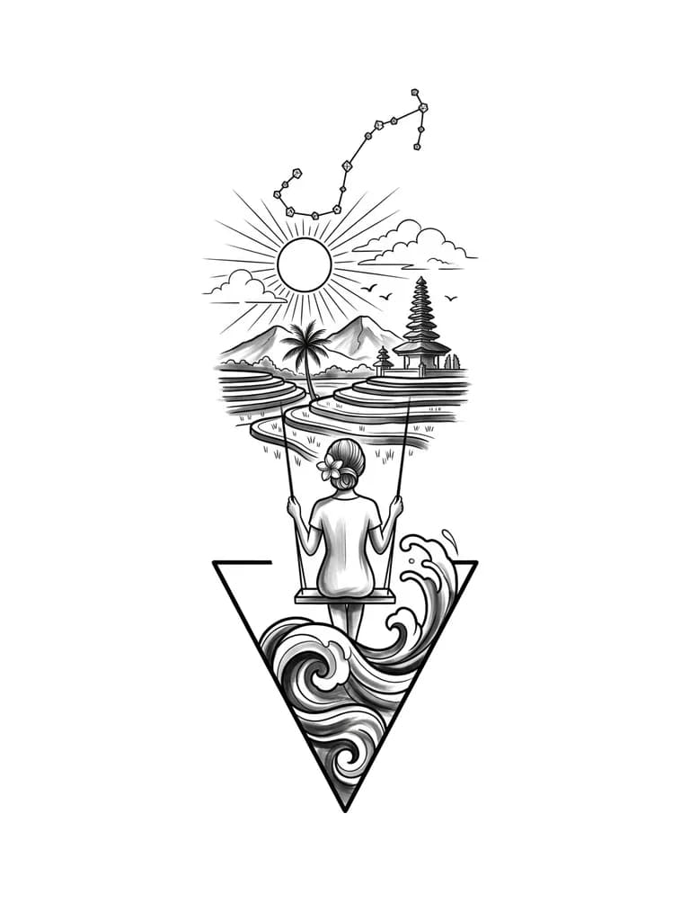 Стиль геометрия-графика, внизу закручивающаяся волна помещенная в треугольник и выходящая за его границы сверху. Над волной девочка стоит в полный рост на качелях - вид со спины. Прическа у девочки - сзади волосы собраны в пучок. Цветок франжипани в волосах у девочки. Над девочкой многоярусные террасы с рисовыми полями, одна пальма, горы, одна балийская  пагода, солнце с тонкими лучами, контуры облаков, две маленькие птицы и  созвездие скорпиона из маленьких геометрических фигур