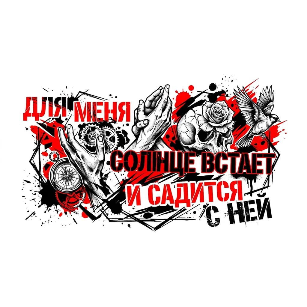 сделай эскиз тату в стиле треш полька с надписью Для меня солнце встает и садится с Ней