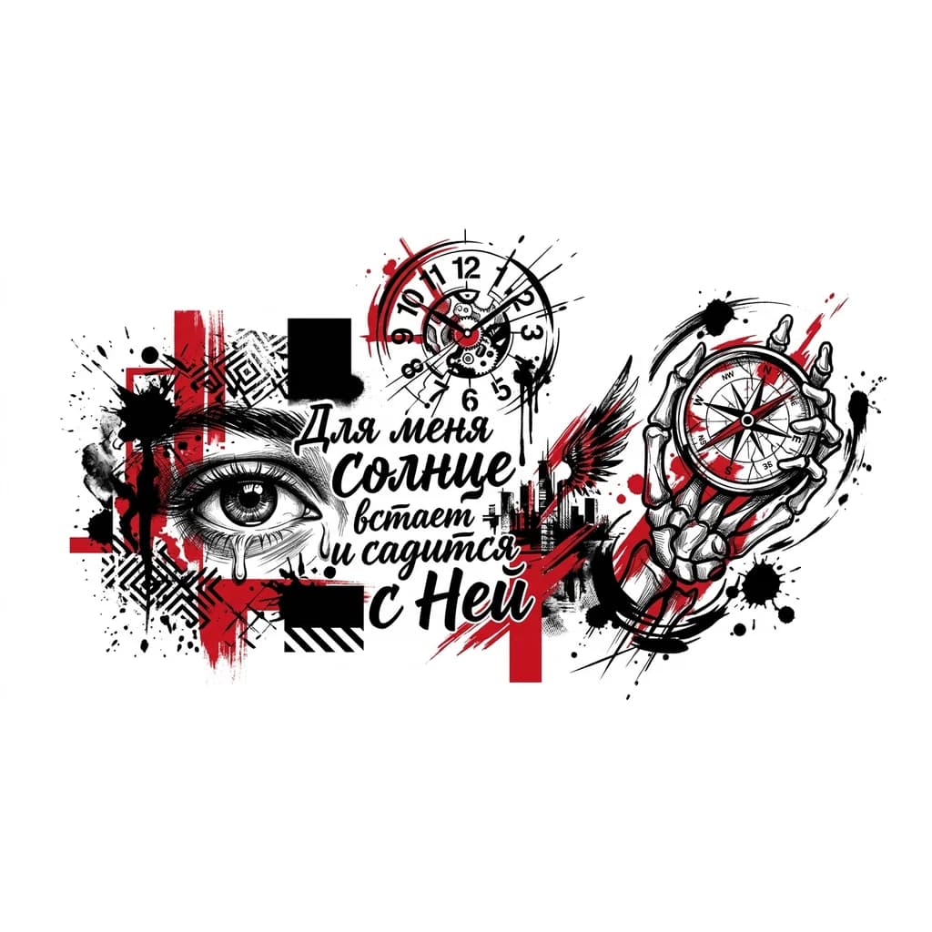 сделай эскиз тату в стиле треш полька с надписью Для меня солнце встает и садится с Ней