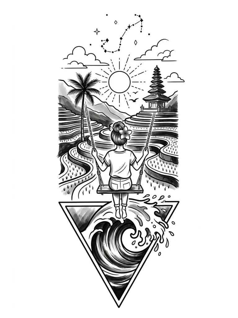 Стиль геометрия-графика, внизу закручивающаяся волна помещенная в треугольник и выходящая за его границы сверху. Над волной девочка стоит на качелях - вид со спины. Прическа у девочки - сзади волосы собраны в пучок. Цветок франжипани в волосах у девочки. Над девочкой многоярусные террасы с рисовыми полями, одна пальма, горы, одна балийская  пагода, солнце с тонкими лучами, состоящими из черточек и точек, контуры облаков, две маленькие птицы и созвездие скорпиона из маленьких геометрических фигур