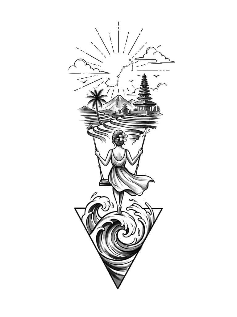 Стиль геометрия-графика,внизу закручивающаяся волна помещенная в треугольник и выходящая за его границы сверху.Над волной девочка, волосы собраны в пучок,в волосах цветок франжипани.Девочка стоит на качелях в платье, которое развивается,вид со спины.Над девочкой многоярусные террасы с рисовыми полями,одна пальма,горы,одна балийская  пагода,солнце с тонкими лучами,состоящими из черточек и точек,контуры облаков,две маленькие птицы и созвездие скорпиона из маленьких геометрических фигур