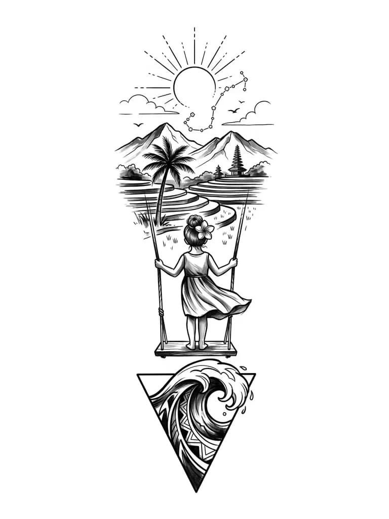 Стиль геометрия-графика,внизу закручивающаяся волна помещенная в треугольник и выходящая за его границы сверху.Над волной качели, на которых стоит девочка 6 лет в платье, которое развивается,вид со спины, волосы собраны в пучок,в волосах цветок франжипани.Над девочкой многоярусные террасы с рисовыми полями,одна пальма,горы,одна балийская  пагода,солнце с тонкими лучами,состоящими из черточек и точек,контуры облаков,две маленькие птицы и созвездие скорпиона из маленьких геометрических фигур