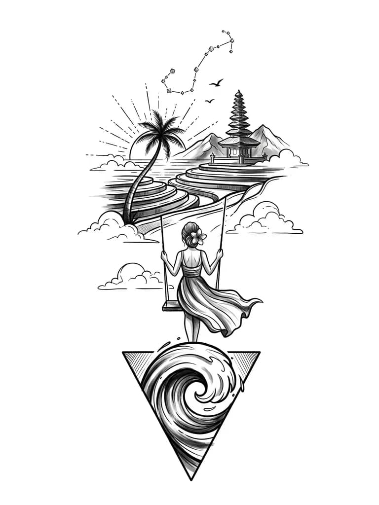 Стиль геометрия-графика,внизу закручивающаяся волна помещенная в треугольник и выходящая за его границы сверху.Над волной качели,на которых стоит девочка в платье, которое развивается,вид со спины, волосы собраны в пучок,в волосах цветок франжипани.Над девочкой многоярусные террасы с рисовыми полями,одна изогнутая пальма на фоне заката,горы,одна балийская пагода,солнце с тонкими лучами из черточек и точек,контуры облаков,две маленькие птицы и созвездие скорпиона из маленьких геометрических фигур