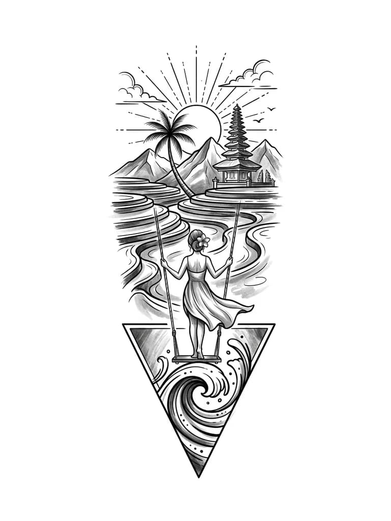 Стиль геометрия,графика,внизу закручивающаяся волна помещенная в треугольник и выходящая за его границы сверху.Над волной качели,на качелях стоит девочка в платье, которое развивается,вид со спины, волосы собраны в пучок,в волосах цветок франжипани.Над девочкой многоярусные террасы с рисовыми полями,одна изогнутая пальма на фоне заката,горы,одна балийская пагода,солнце с тонкими лучами из черточек и точек,контуры облаков,две маленькие птицы