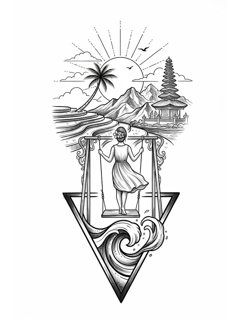 Стиль геометрия,графика,тонкая линия.Внизу закручивающаяся волна помещенная в треугольник и выходящая за его границы сверху.Над треугольником качели,на качелях стоит девочка в платье, которое развивается,вид со спины, волосы собраны в пучок,в волосах цветок франжипани.Над девочкой многоярусная терраса с рисовыми полями,одна изогнутая пальма на фоне заката,балийские горы,одна балийская пагода,солнце с тонкими лучами из черточек и точек,контуры облаков,две маленькие птицы