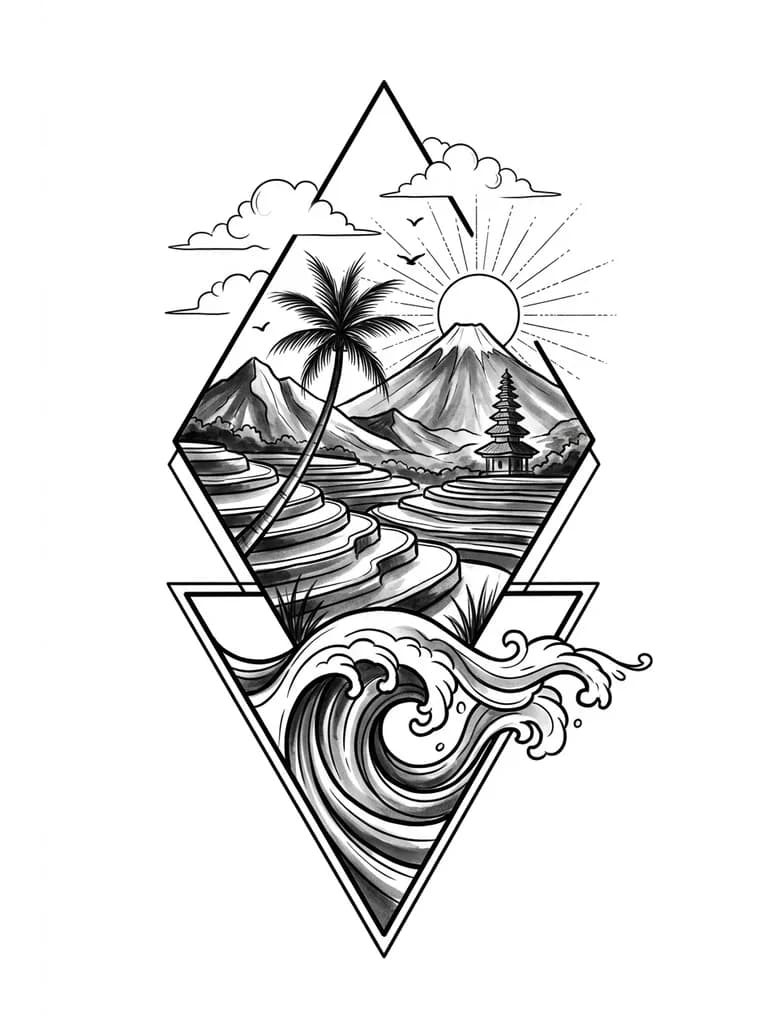 Стиль геометрия,графика.Внизу закручивающаяся волна помещенная в треугольник и выходящая за его границы Над треугольником ромб, в который вписаны и выходящие за его рамки многоярусная терраса с рисовыми полями,одна изогнутая пальма на фоне заката,балийские горы и вулкан,одна балийская пагода,солнце с тонкими лучами из черточек и точек,контуры пушистых облаков,две маленькие птицы