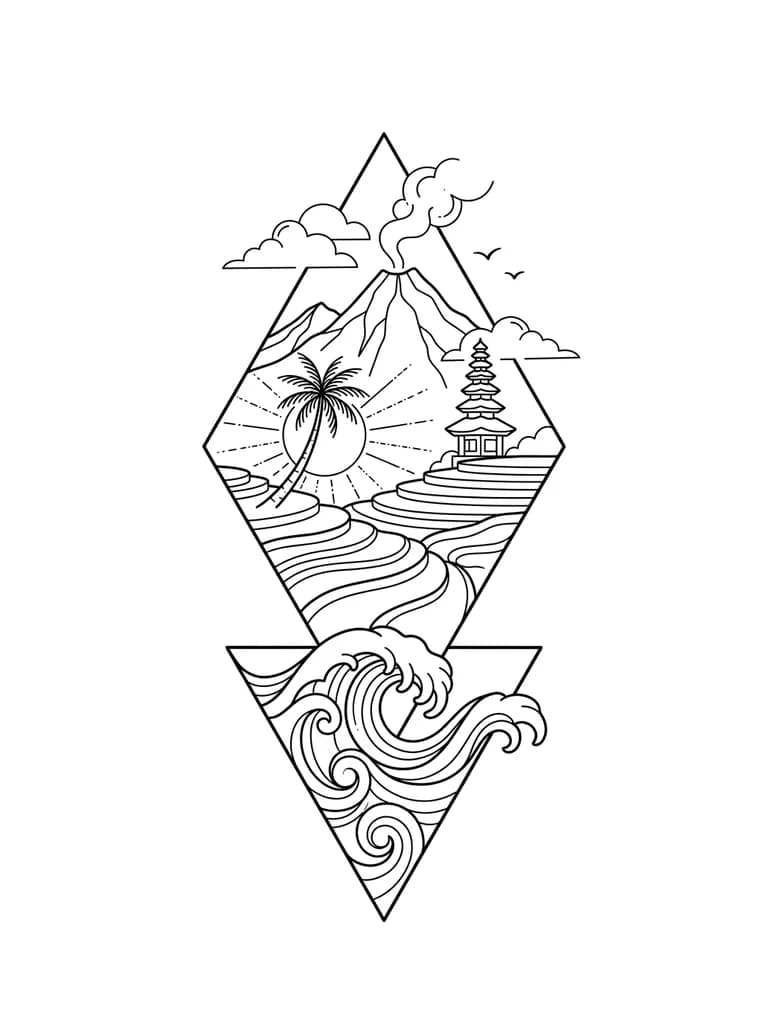Стиль геометрия,графика.Внизу закручивающаяся волна помещенная в треугольник и выходящая за его границы сверху.Над треугольником ромб, в который вписаны  многоярусная терраса с рисовыми полями,одна изогнутая пальма на фоне солнца,балийские горы и вулкан с дымом из жерла,одна балийская пагода,солнце с тонкими лучами из черточек и точек,контуры кучевых облаков,две маленькие птицы