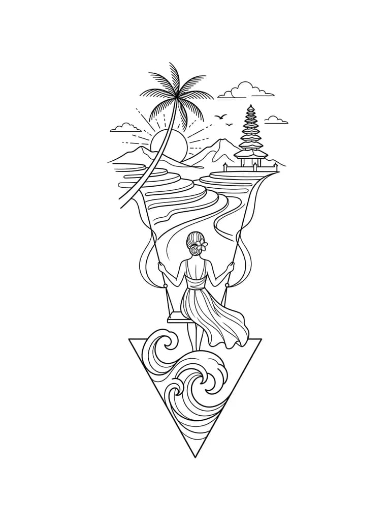 Стиль геометрия,графика,внизу закручивающаяся волна помещенная в треугольник и выходящая за его границы сверху.Над волной качели,на качелях стоит девочка в платье, которое развивается,вид со спины, волосы собраны в пучок,в волосах цветок франжипани.Над девочкой многоярусные террасы с рисовыми полями,одна изогнутая пальма на фоне заката,горы,одна балийская пагода,солнце с тонкими лучами из черточек и точек,контуры облаков,две маленькие птицы