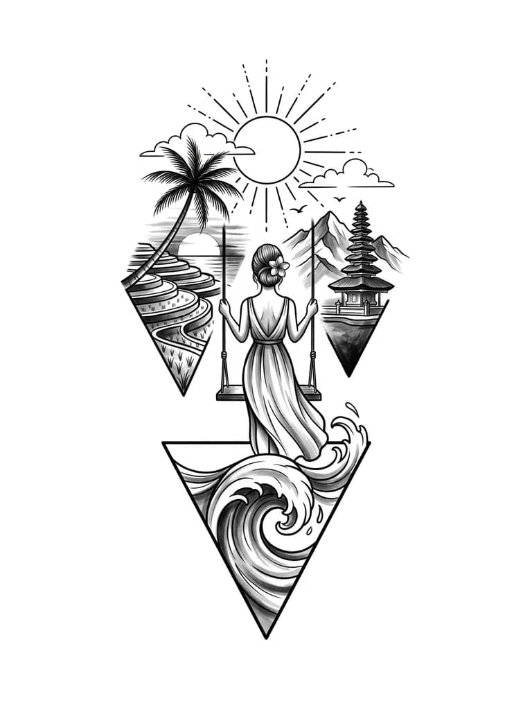 Стиль геометрия,графика,внизу закручивающаяся волна помещенная в треугольник и выходящая за его границы сверху.Над треугольником качели,на качелях стоит девочка в платье, которое развивается,вид со спины, волосы собраны в пучок,в волосах цветок франжипани.Над девочкой слева многоярусная терраса с рисовым полям,одна изогнутая пальма на фоне заката. Над девочкой справа горы,одна балийская пагода. Над этим солнце с тонкими лучами из черточек и точек,контуры облаков,две маленькие птицы
