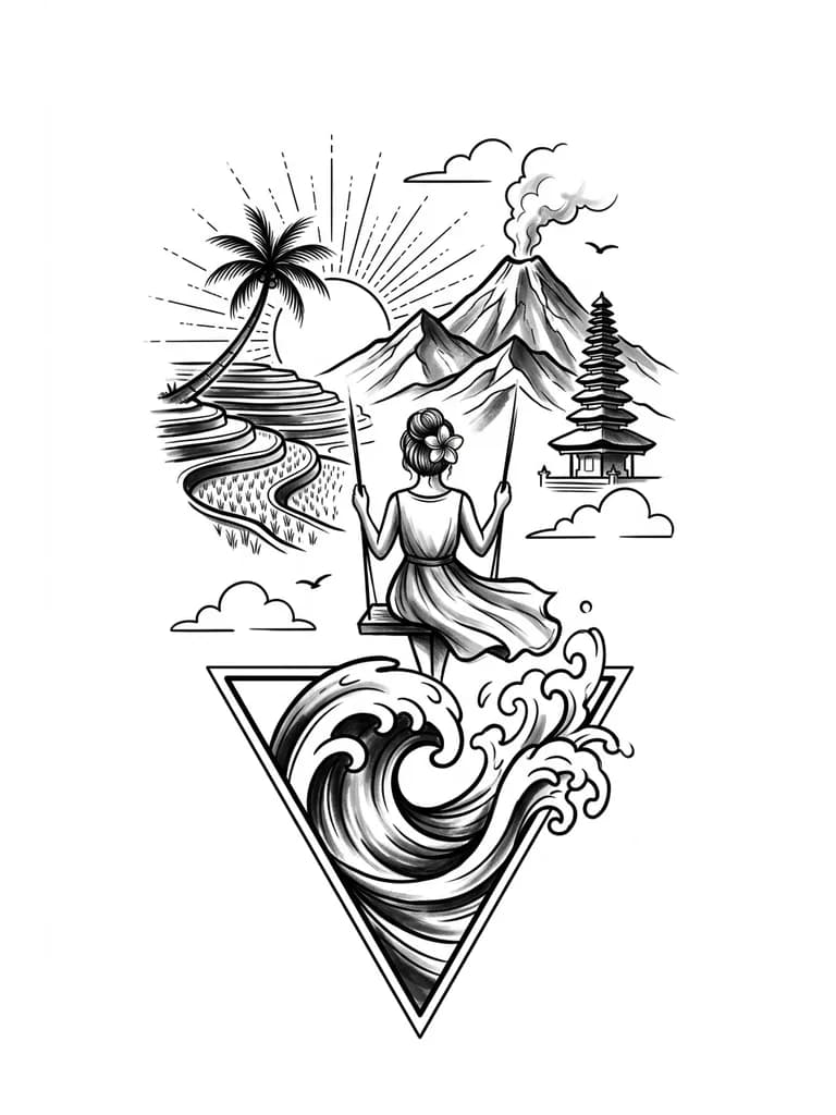 Стиль геометрия,графика,внизу закручивающаяся волна помещенная в треугольник и выходящая за его границы сверху.Над треугольником качели,на качелях стоит девочка в платье, которое развивается,вид со спины, волосы собраны в пучок,в волосах цветок франжипани.Над девочкой слева многоярусная терраса с рисовым полям,одна изогнутая пальма на фоне заката солнца с тонкими лучами из черточек и точек .Над девочкой справа горы,вулкан с дымом из жерла,одна балийская пагода.Контуры облаков,две маленькие птицы