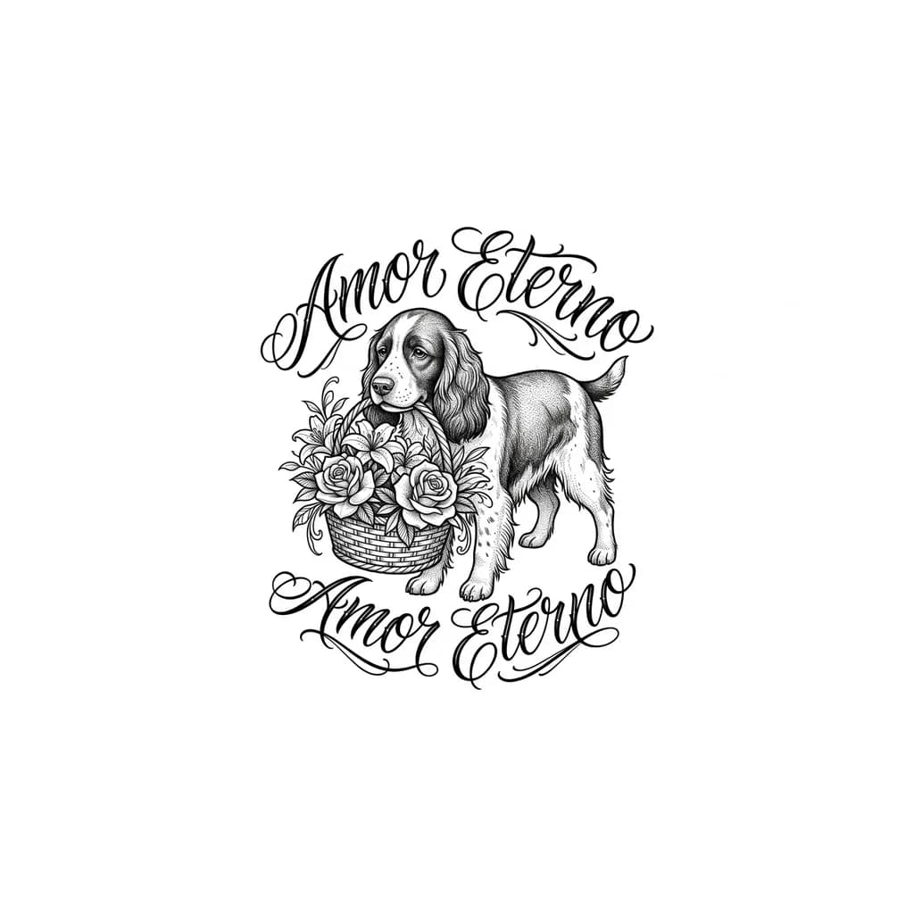 Спаниель пегий с корзинкой цветов в зубах