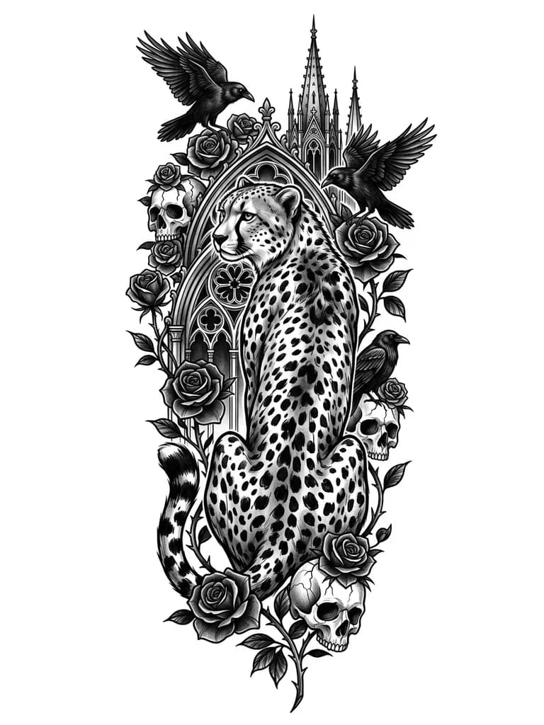 Гепард сидит спиной, голова повернута боком. Не четкие пятна. Сама тату небрежная 
