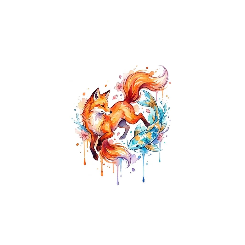 Аккуратное тату в азиатском стиле с лисой и рыбой
