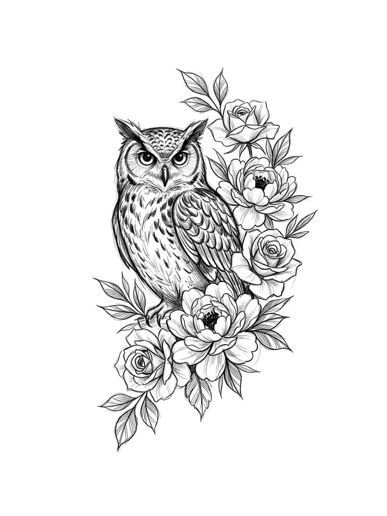 Центральным элементом композиции является сова, расположенная чуть левее центра. Сова изображена с детальной проработкой перьев, её взгляд прямой и выразительный, что придаёт рисунку глубину и характер.

Вокруг совы располагается пышный букет цветов, преимущественно пионов и роз. Цветы выполнены с тщательной проработкой лепестков и листьев, что создаёт ощущение объёма и живости. Растительный орнамент плавно огибает сову, обрамляя её и создавая гармоничный баланс
