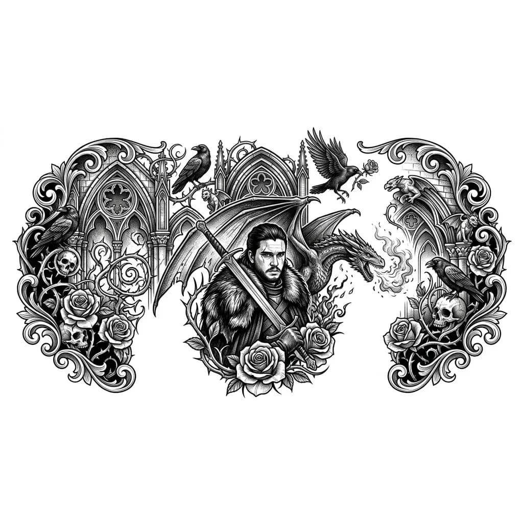 тату с джоном сноу из игры престолов, с драконом