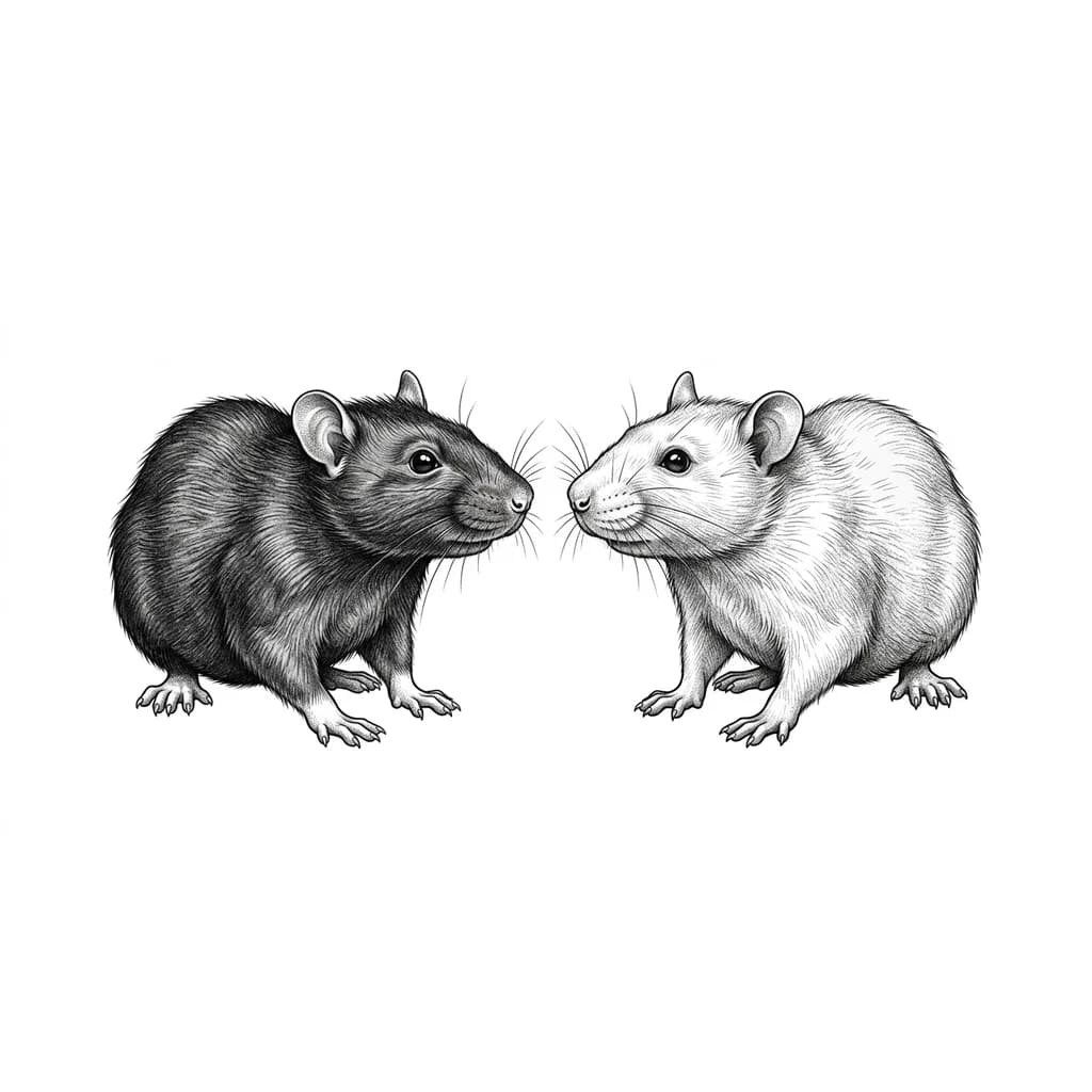 Две крысы, одна черная другая белая, смотрят друг на друга