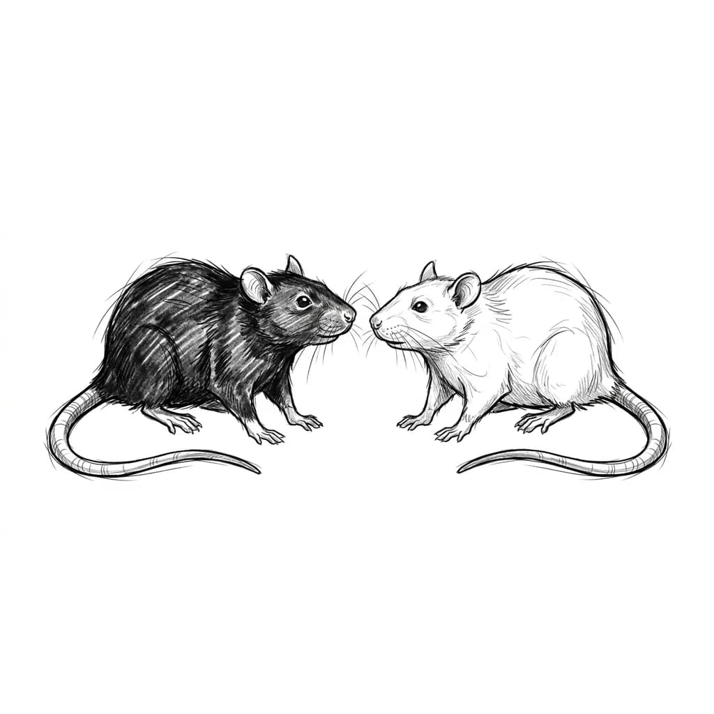 Две крысы, одна черная другая белая, смотрят друг на друга