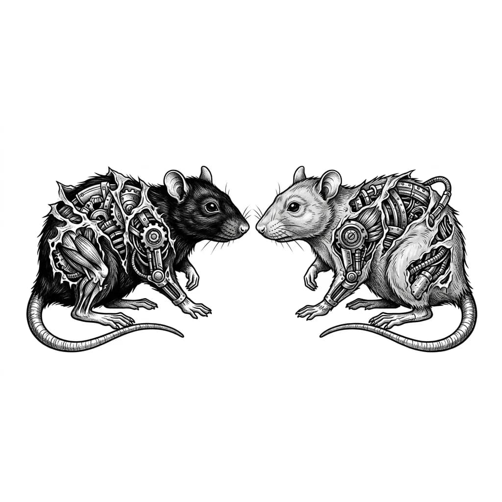 Две крысы, одна черная другая белая, смотрят друг на друга