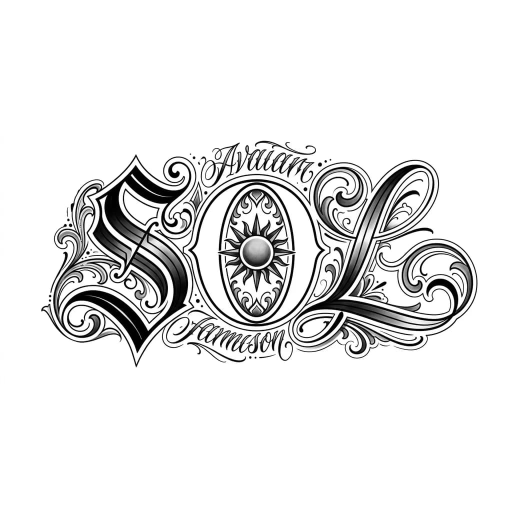 Тату буквы большие SOL на живот контур черный внутри белый