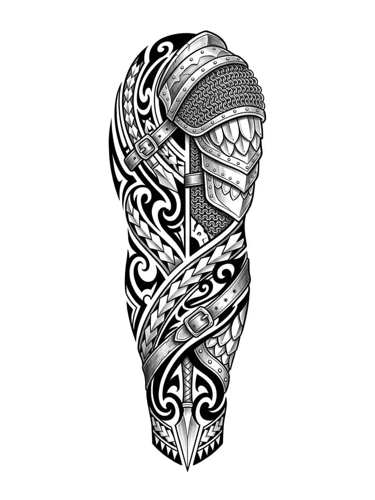 детализированный рисунок доспеха с кольчугой и ремешками, расположение на предплечье 