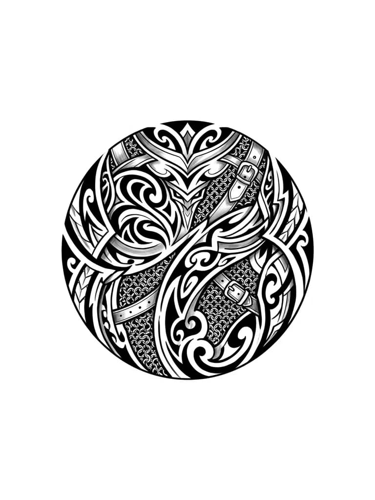 детализированный рисунок доспеха с кольчугой и ремешками, расположение на предплечье вкруг