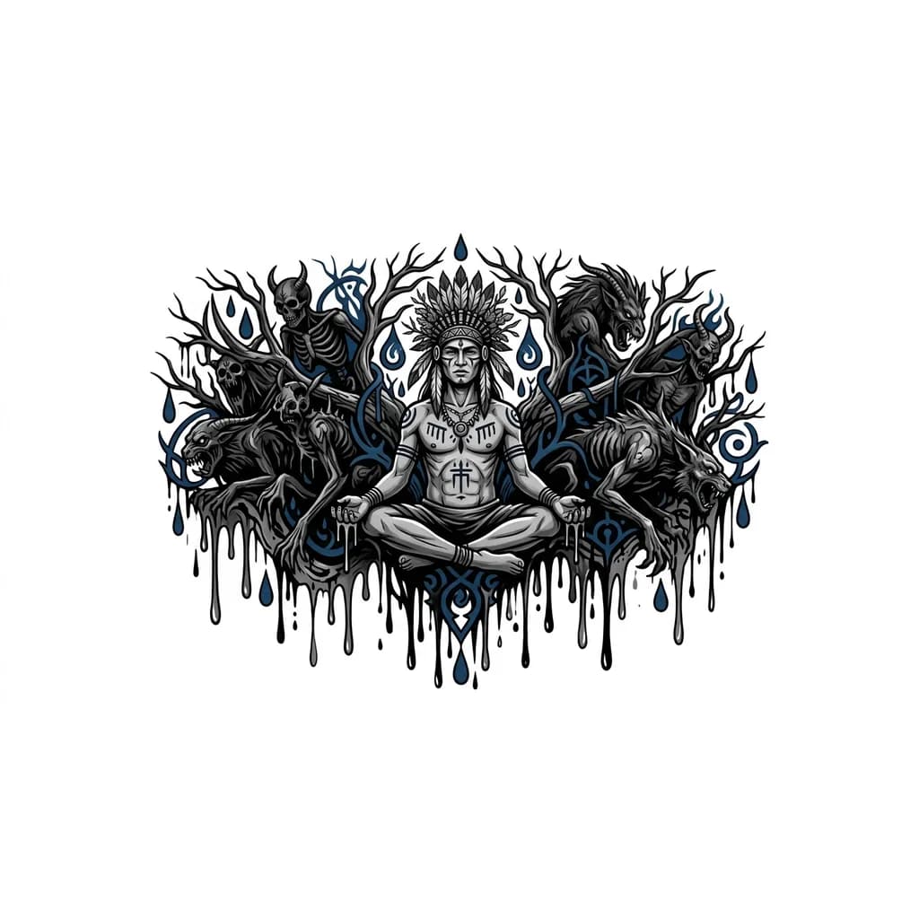 Индеец, изображённый в центре, может символизировать связь с природой, духовность и мудрость. Его поза и выражение лица передают спокойствие и силу. Голубые элементы, напоминающие капли воды или символы, добавляют мистический оттенок, возможно, указывая на связь с духовным миром или природными стихиями.
Фон изображения выполнен в холодных тонах, что создаёт ощущение гармонии и баланса.