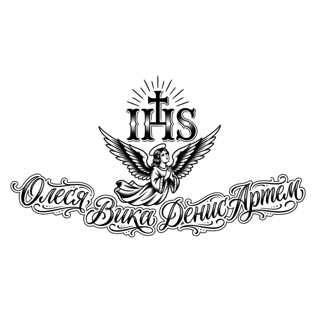 Тату эскиз: Хризма христа с ангелом внизу и расположи красиво имена 