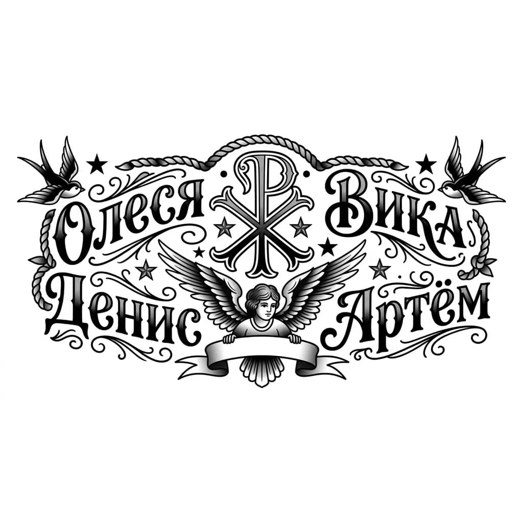 Тату эскиз: Хризма христа с ангелом внизу и расположи красиво имена Олеся Вика Денис Артём