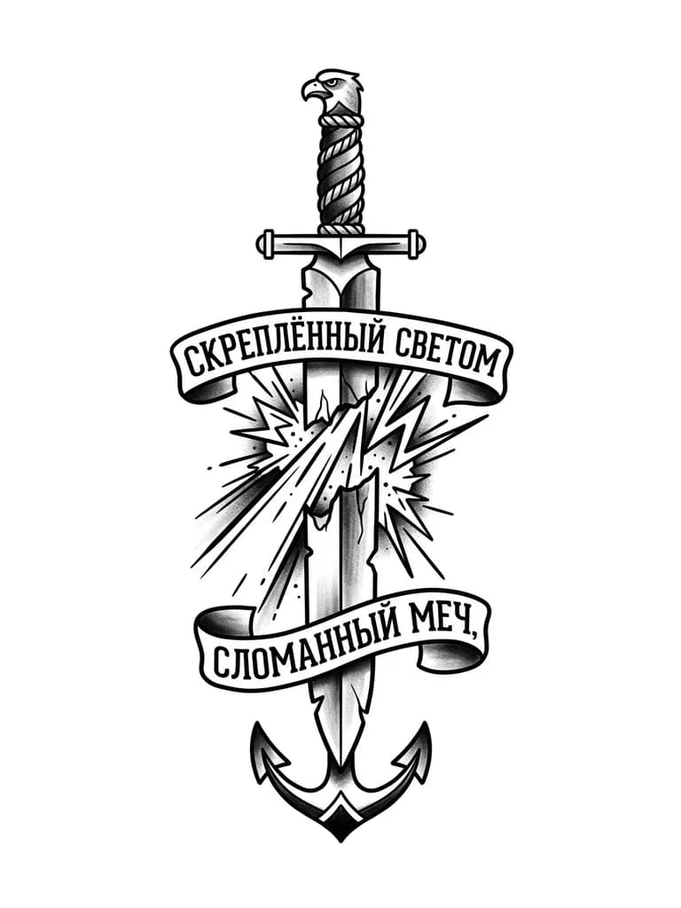 Тату эскиз: Название: «Сломанный меч, скреплённый светом» (золото заменяется на графический акцент)