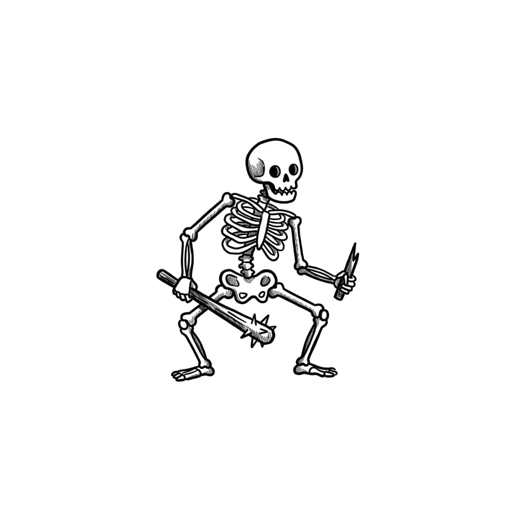 Тату эскиз: Сделать эскиз скелета в позе с этой фотографии: чётко прорисованный череп, рёбра, кости ног и таза, оружие в руках. Оружие изобразить простыми, графичными линиями, без излишней детализации и блеска. Работать только в чёрно-белой гамме, с акцентом на контур и немного теней/штриховки